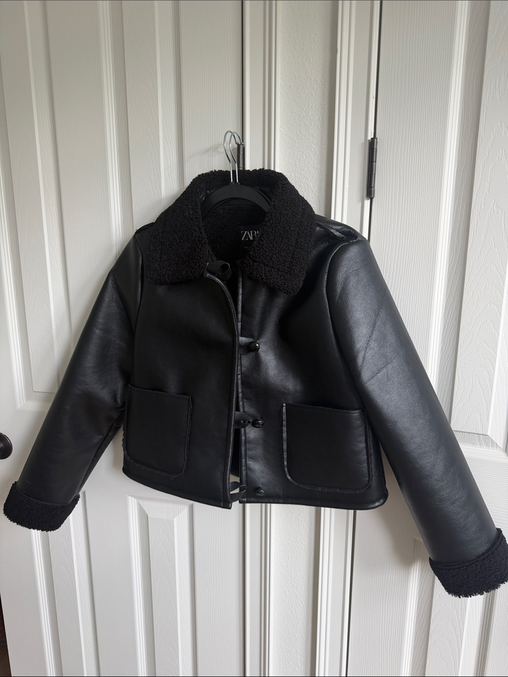 Zara Black Faux Leather Jacket with Shearling Trim